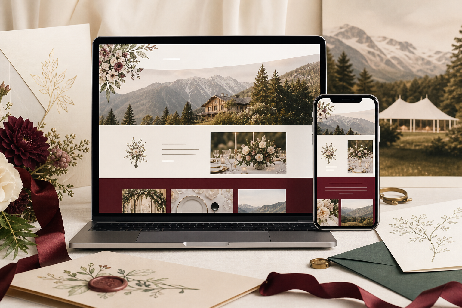 Laptop and phone mockup showing a custom mountain wedding website with floral stationery.