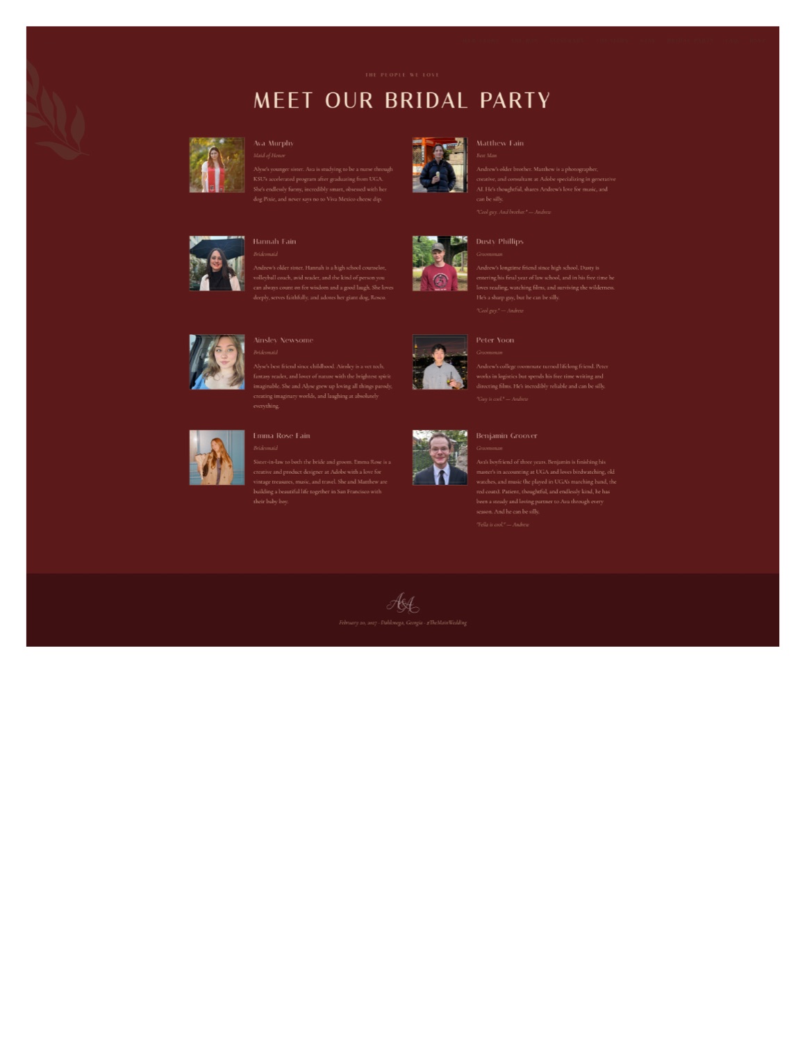 Bridal party page screenshot.