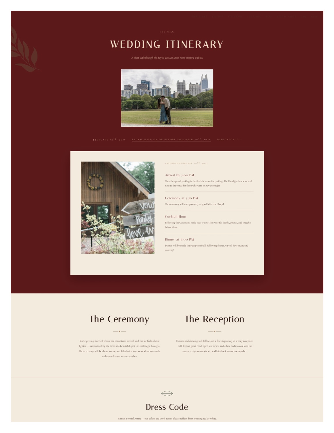 Wedding itinerary page screenshot.